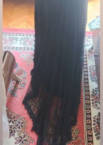 Dantel Detaylı Siyah Uzun Kadın Abiye Elbise - Görsel 5