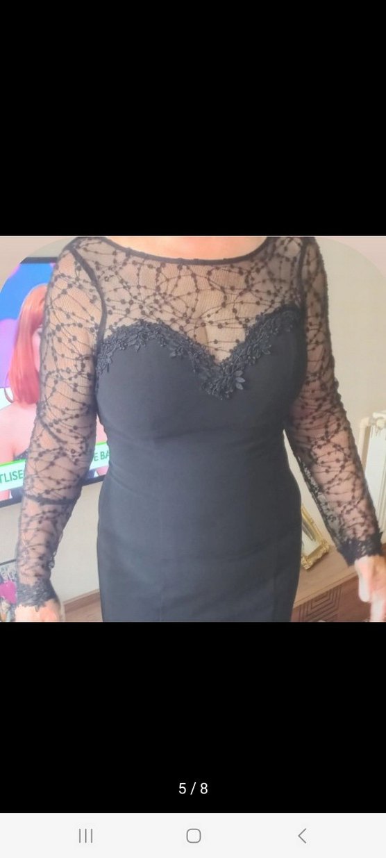 Dantel Detaylı Siyah Uzun Kadın Abiye Elbise - Görsel 3