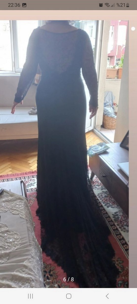 Dantel Detaylı Siyah Uzun Kadın Abiye Elbise - Görsel 4