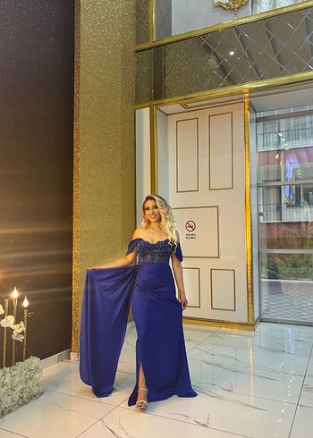 m Beden lacivert Renk Lacivert Taşlı Kayık Yaka Uzun Abiye