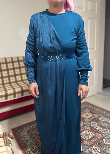 Uzun Kollu Drapeli Mavi Abiye Elbise
