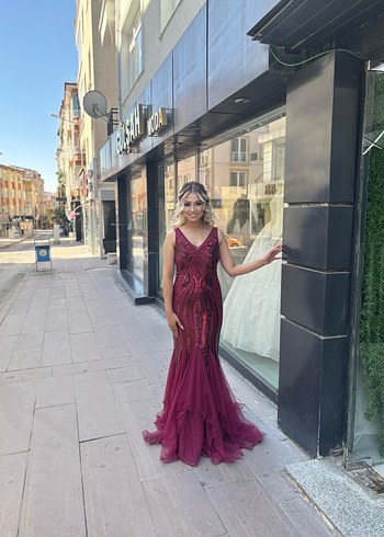 Bordo Drapeli Uzun Abiye Elbise