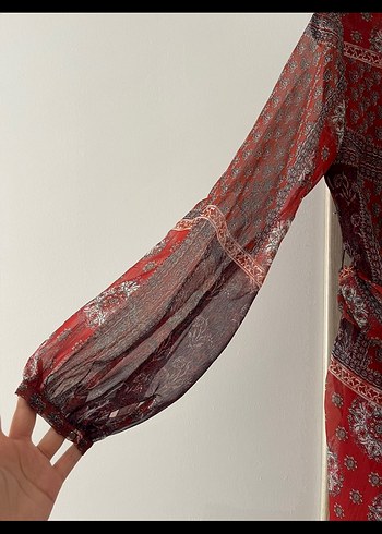 Mango Bordo Desenli Bohem Midi Elbise - Görsel 5