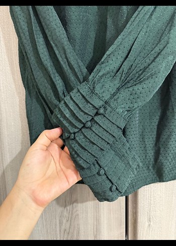 Mango Düğmeli Yeşil Ofis Kadın Gömlek - Görsel 2