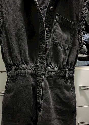 Siyah Kemerli Kolsuz Denim Tulum - Görsel 2