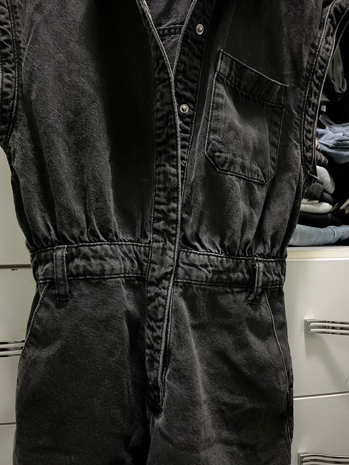 Siyah Kemerli Kolsuz Denim Tulum - Görsel 2