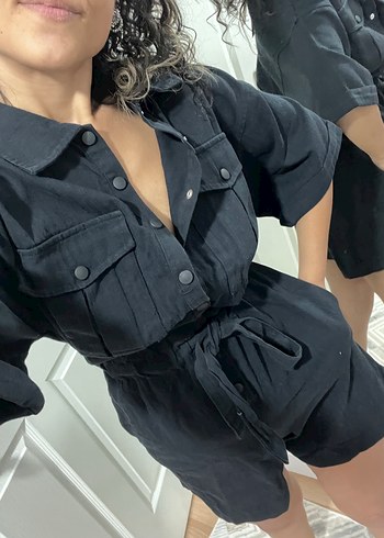 Siyah V Yaka Düğmeli Denim Tulum - Görsel 3