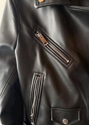 Kadın Siyah Deri Biker Ceket - Görsel 5