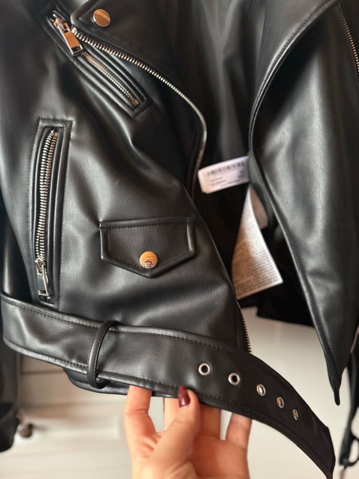 Kadın Siyah Deri Biker Ceket - Görsel 4