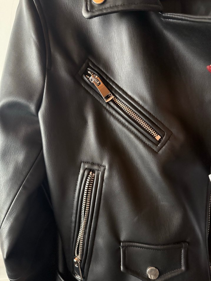 Kadın Siyah Deri Biker Ceket - Görsel 5