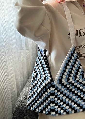 Mavi Pastel Örgü Bohem Kadın Çanta - Görsel 4