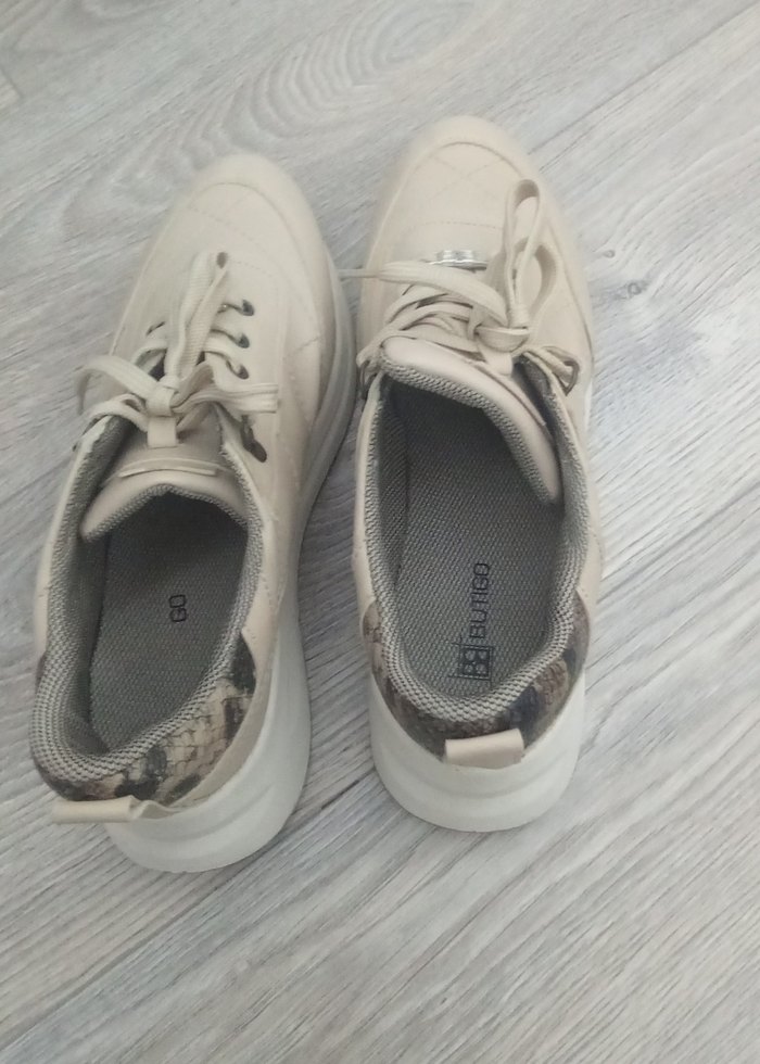 Bej Bağcıklı  Spor Ayakkabı - Görsel 5