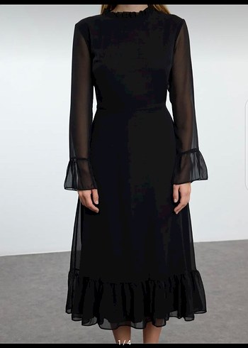 Uzun Kollu Siyah Gotik Fırfırlı Elbise - Görsel 2