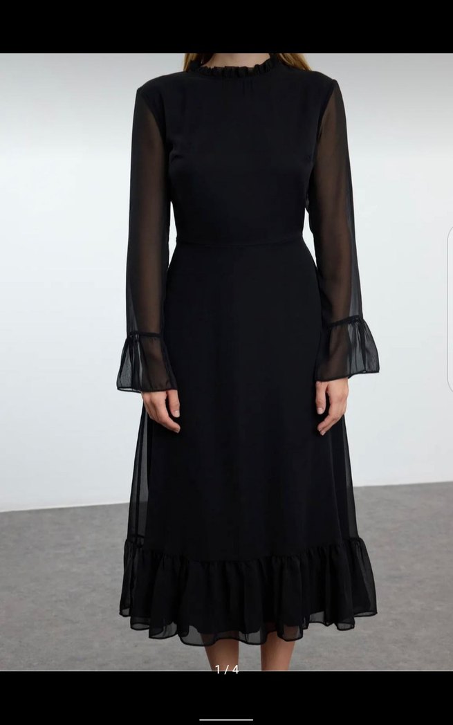 Uzun Kollu Siyah Gotik Fırfırlı Elbise - Görsel 2