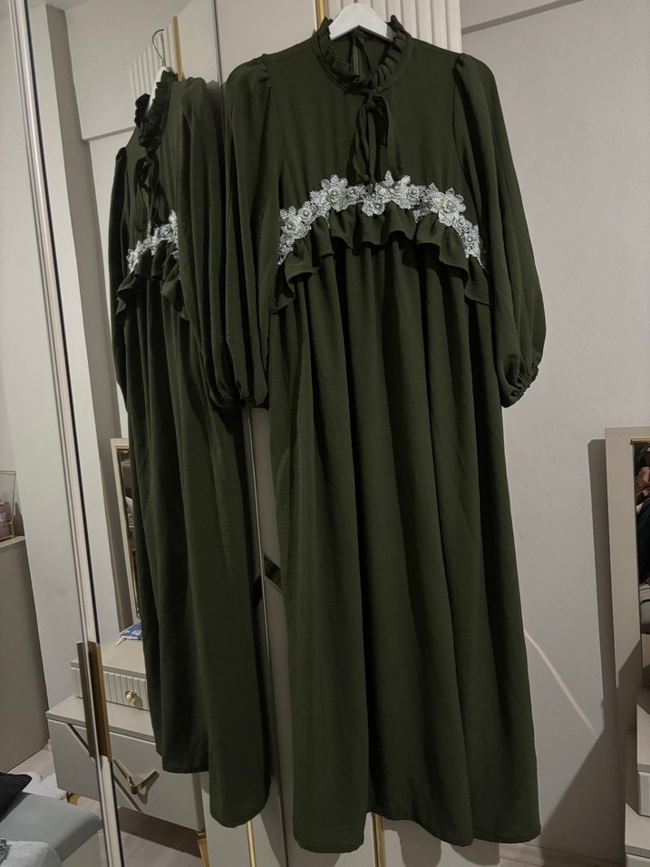 Uzun Kol, Nakışlı, Fırfırlı Bohem Elbise - Görsel 2