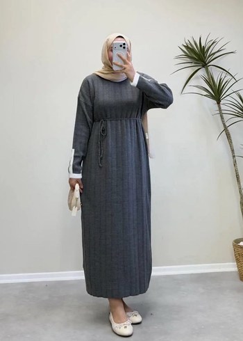 Gri Uzun Kollu Boğazlı Triko Elbise - Görsel 5