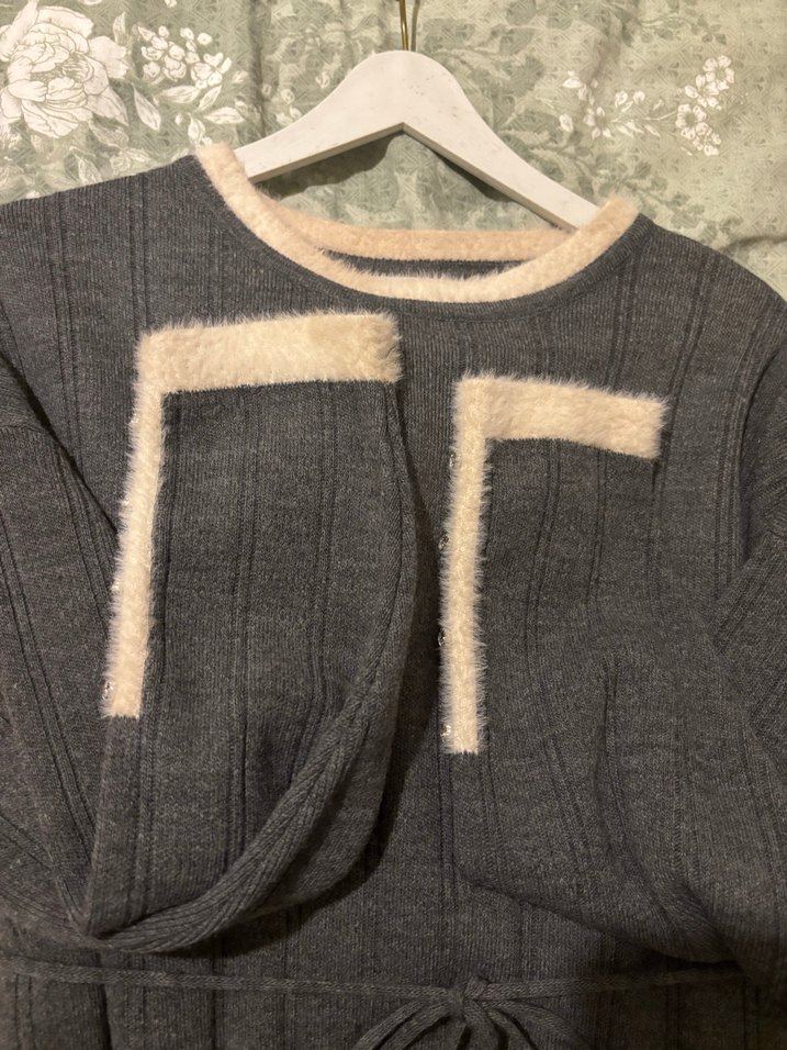 Gri Uzun Kollu Boğazlı Triko Elbise - Görsel 4