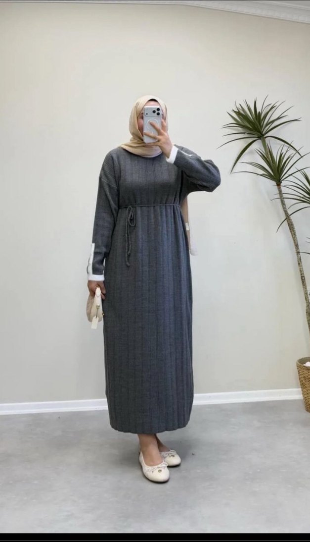 Gri Uzun Kollu Boğazlı Triko Elbise - Görsel 5