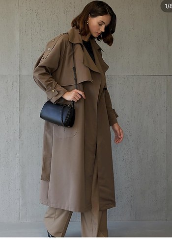 Kadın kahve Uzun Trençkot, Salaş ve Drapeli - Görsel 5