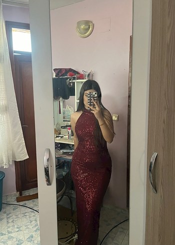 Parlak Bordo Desenli Uzun Elbise - Görsel 2