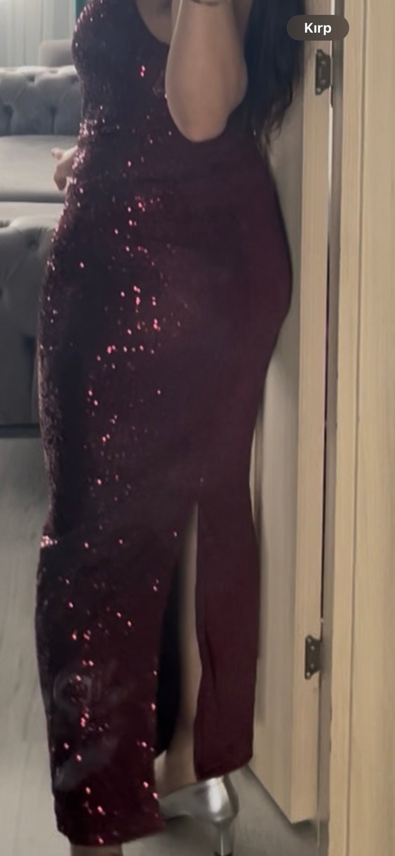 Parlak Bordo Desenli Uzun Elbise - Görsel 3