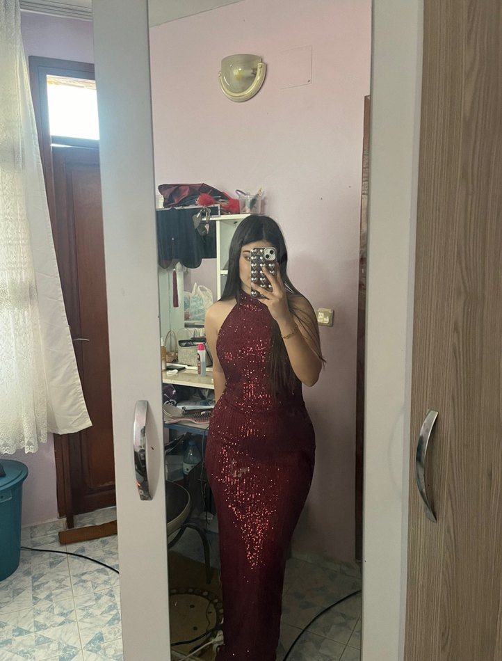 Parlak Bordo Desenli Uzun Elbise - Görsel 2