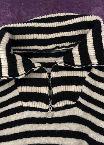 Çizgili, Geniş Kesim, Siyah Kadın Kazak - Görsel 3