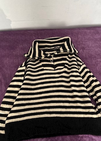 Çizgili, Geniş Kesim, Siyah Kadın Kazak - Görsel 2