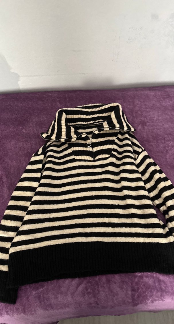 Çizgili, Geniş Kesim, Siyah Kadın Kazak - Görsel 2