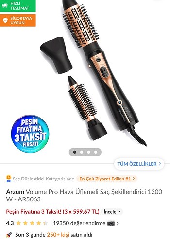 Arzum volume pro üflemeli saç fön tarağı - Görsel 2