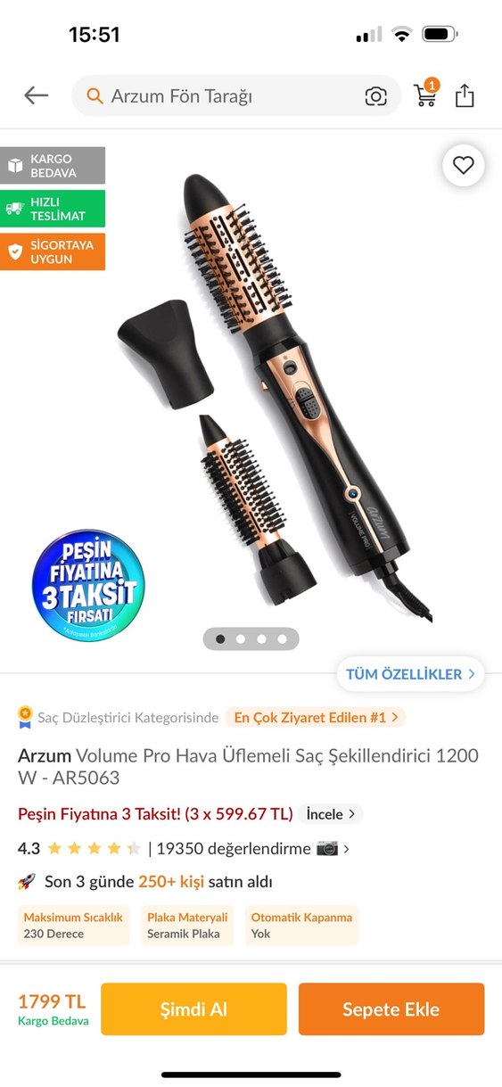 Arzum volume pro üflemeli saç fön tarağı - Görsel 2