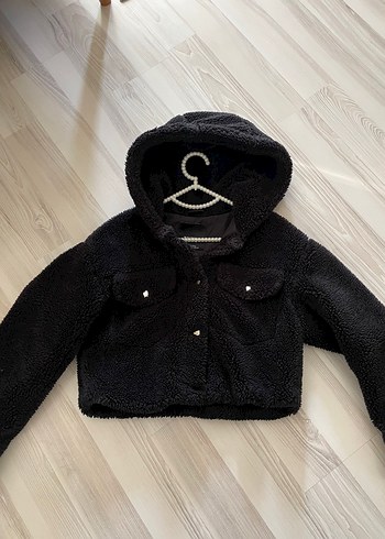 Pull and bear Düğmeli Siyah Kapüşonlu Mini Kadın Ceket
