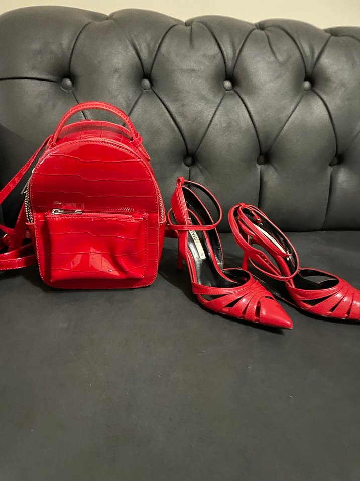 Kırmızı Deri Stiletto ve Sırt Çantası Seti - Görsel 3