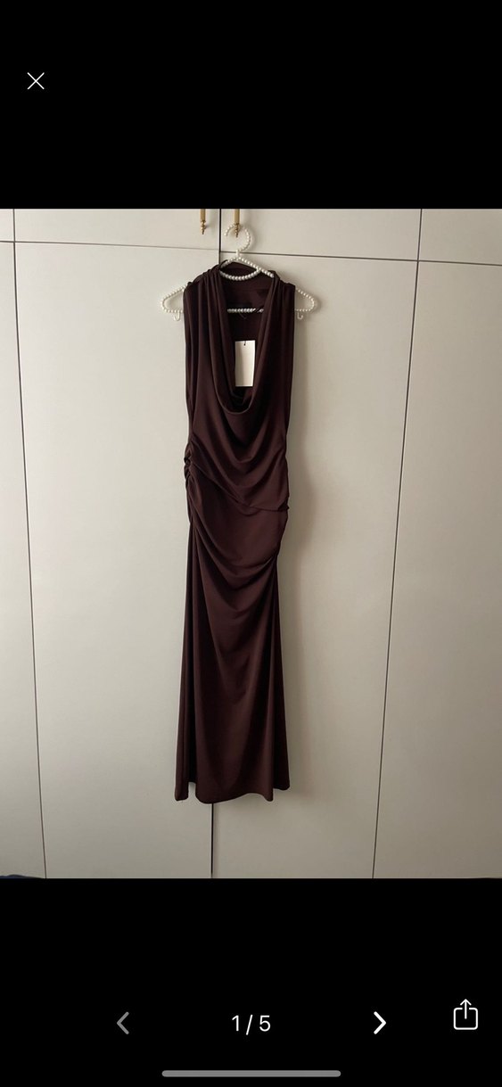 Zara Kahverengi Drapeli Uzun Elbise - Görsel 2