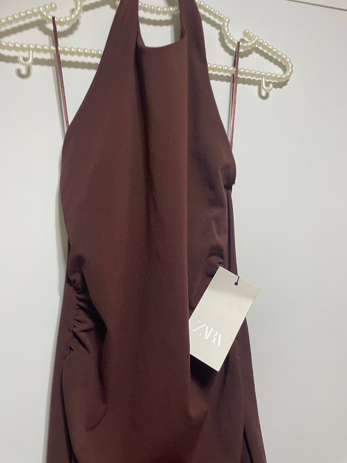 Kahverengi Drapeli Uzun Kadın Elbise - Görsel 4