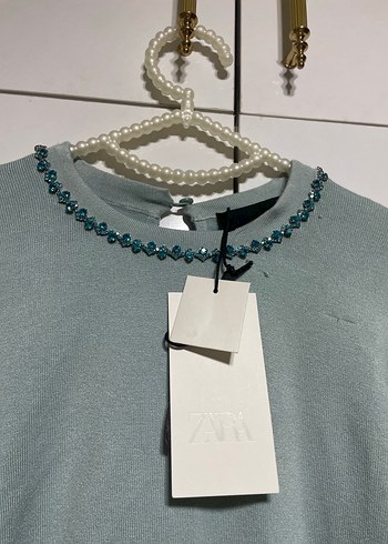 Zara taşlı Nakış Detaylı Turkuaz Kadın Triko Kazak - Görsel 2