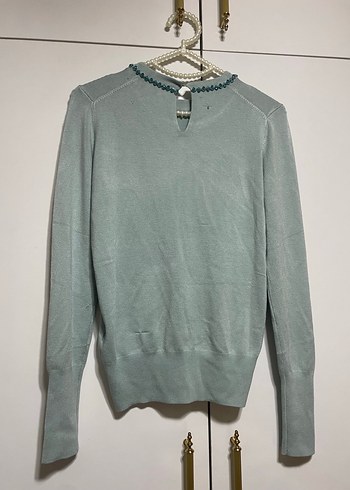 Zara taşlı Nakış Detaylı Turkuaz Kadın Triko Kazak - Görsel 4