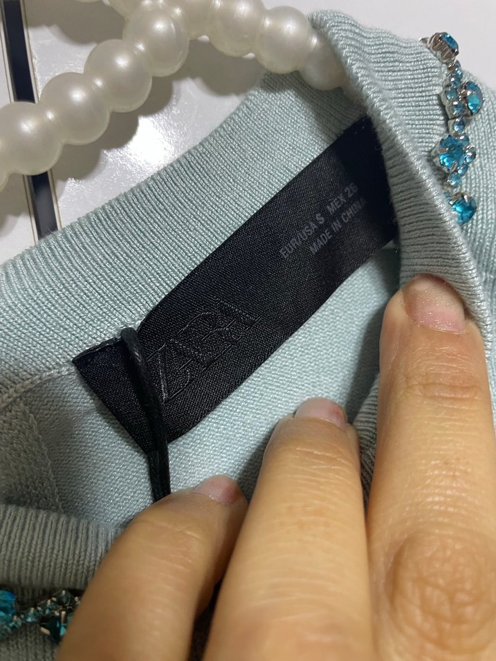 Zara taşlı Nakış Detaylı Turkuaz Kadın Triko Kazak - Görsel 3