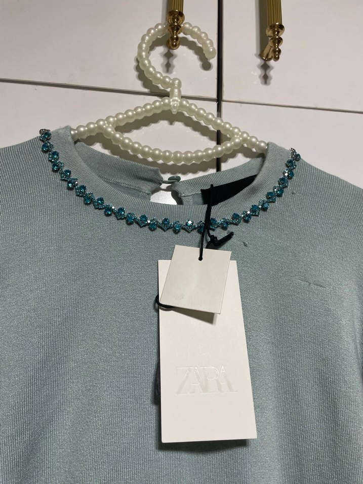 Zara taşlı Nakış Detaylı Turkuaz Kadın Triko Kazak - Görsel 2