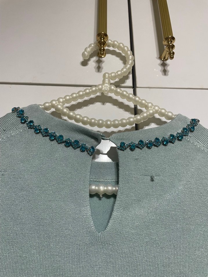 Zara taşlı Nakış Detaylı Turkuaz Kadın Triko Kazak - Görsel 5