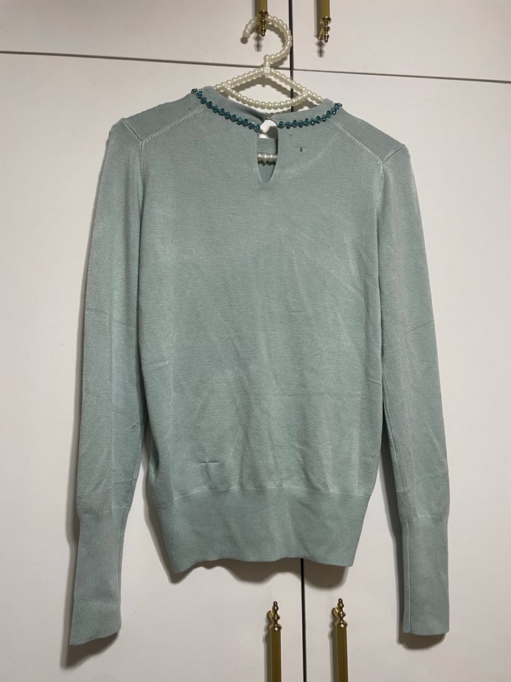 Zara taşlı Nakış Detaylı Turkuaz Kadın Triko Kazak - Görsel 4