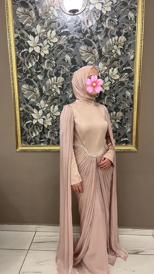 Pembe Drapeli Yüksek Yakalı Uzun Kadın Elbise - Görsel 2