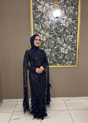 38 Beden mavi Renk Uzun Kollu Drapeli Lacivert Abiye Elbise