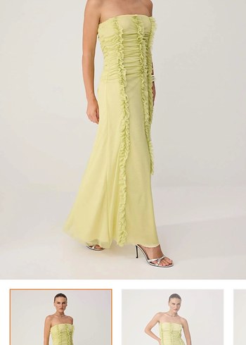 Trendyol & Milla Pastel Sari Straplez Firfirli Uzun Abiye