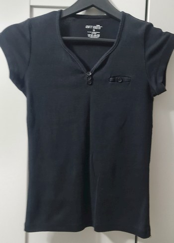 Kısa Kollu V Yaka Siyah Kadın Tişört - Görsel 3