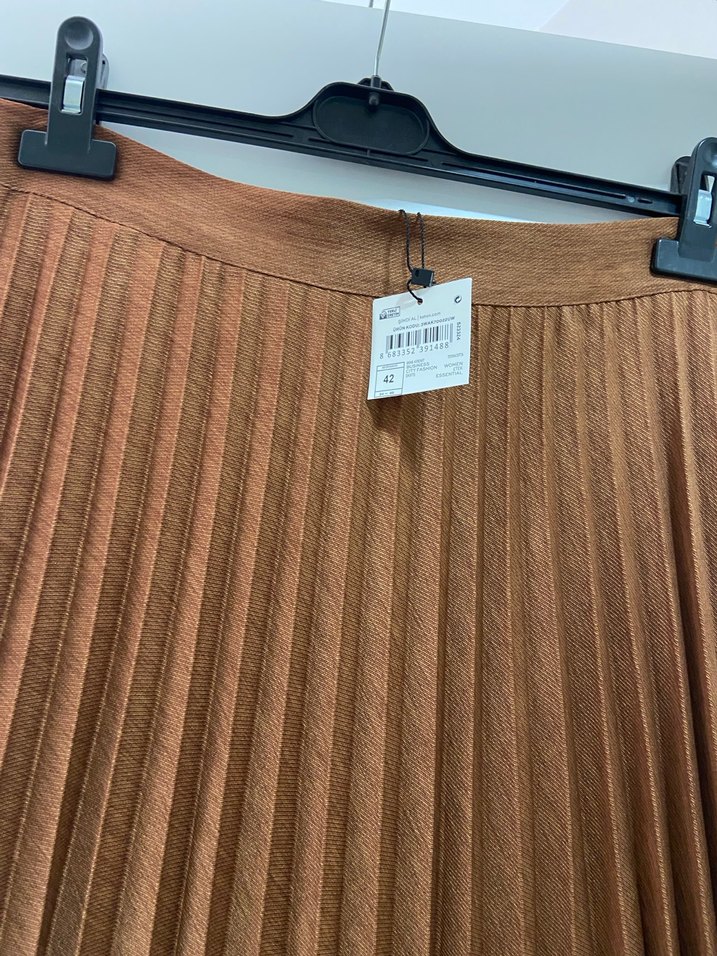 Parlak Kahverengi Pileli Midi Etek koton - Görsel 2