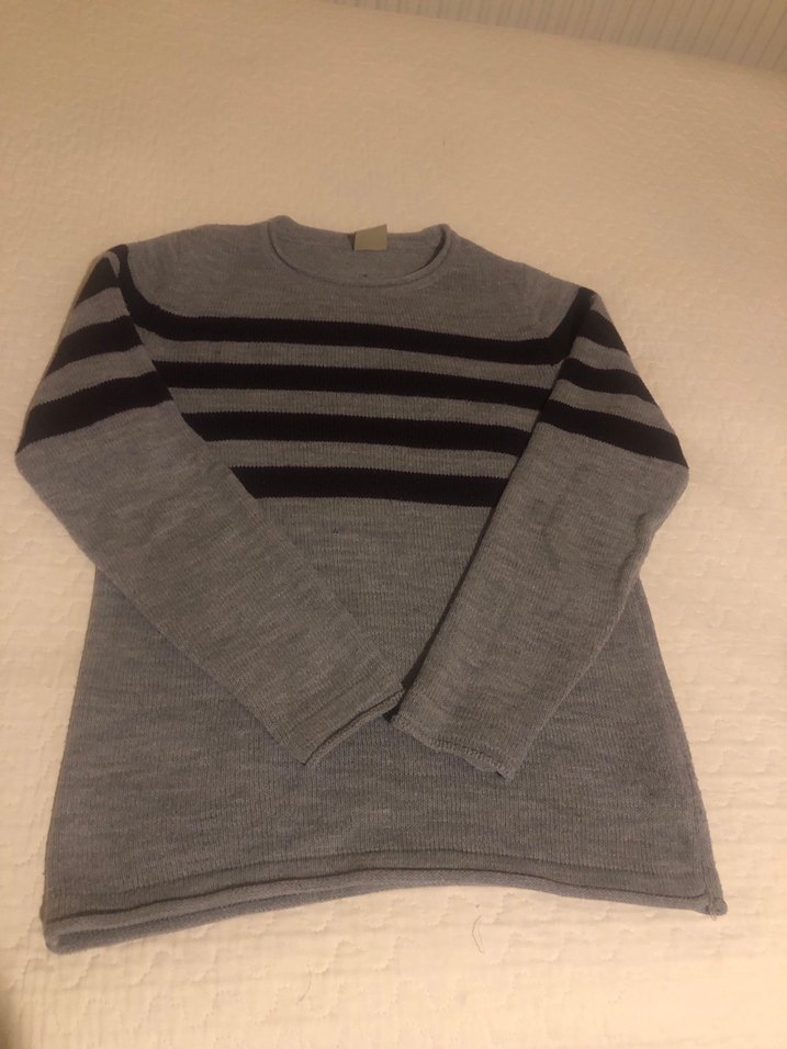 Gri Çizgili erkek Yün Kazak - Görsel 2