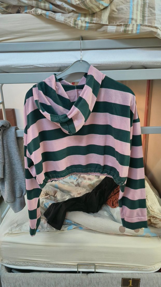 Kadın Pembe yeşil Çizgili Kapüşonlu Sweatshirt - Görsel 2