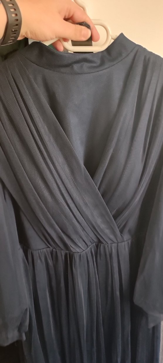 Uzun Lacivert Kadın Elbise, Yüksek Yaka, Salaş - Görsel 2