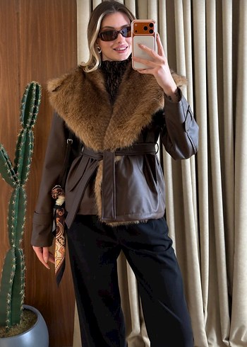 Kahverengi Kısa Deri Ceket Kürk Detaylı mont ceker - Görsel 2